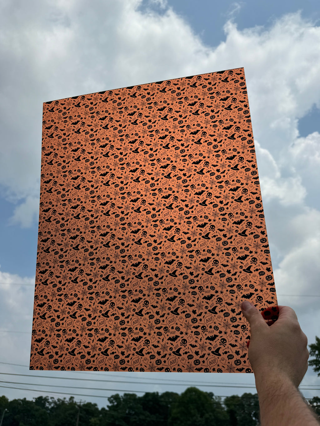 PatternPly® 19x24" Transparent Orange Halloween Original Scale sheet showing the pattern