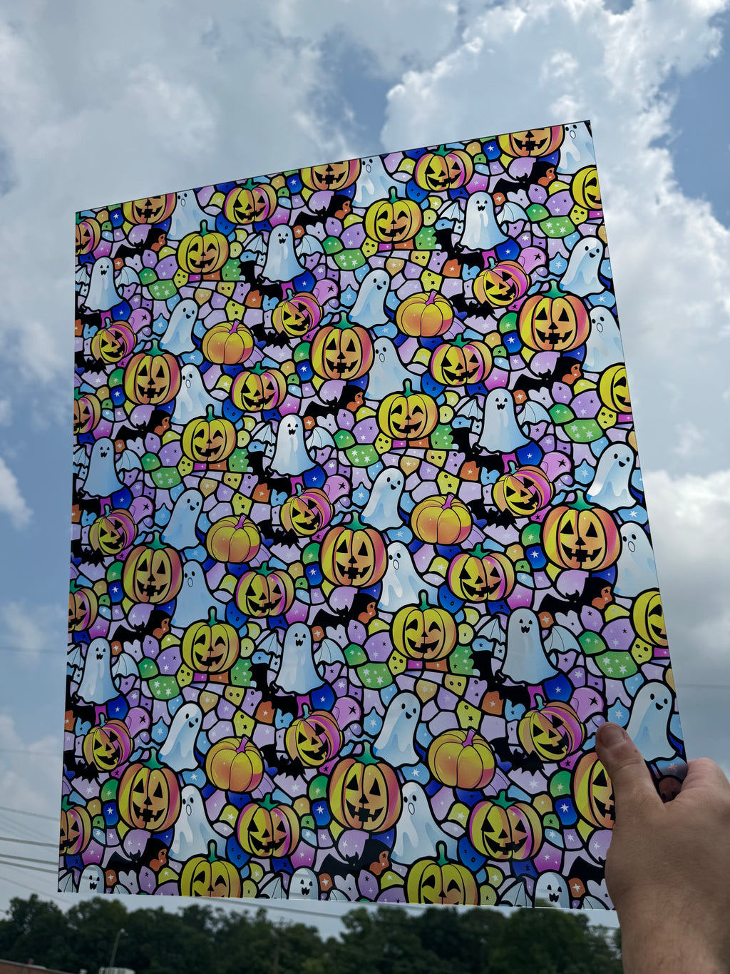 PatternPly® 19x24" Transparent Pastel Halloween Stained Glass XL Scale sheet showing the pattern