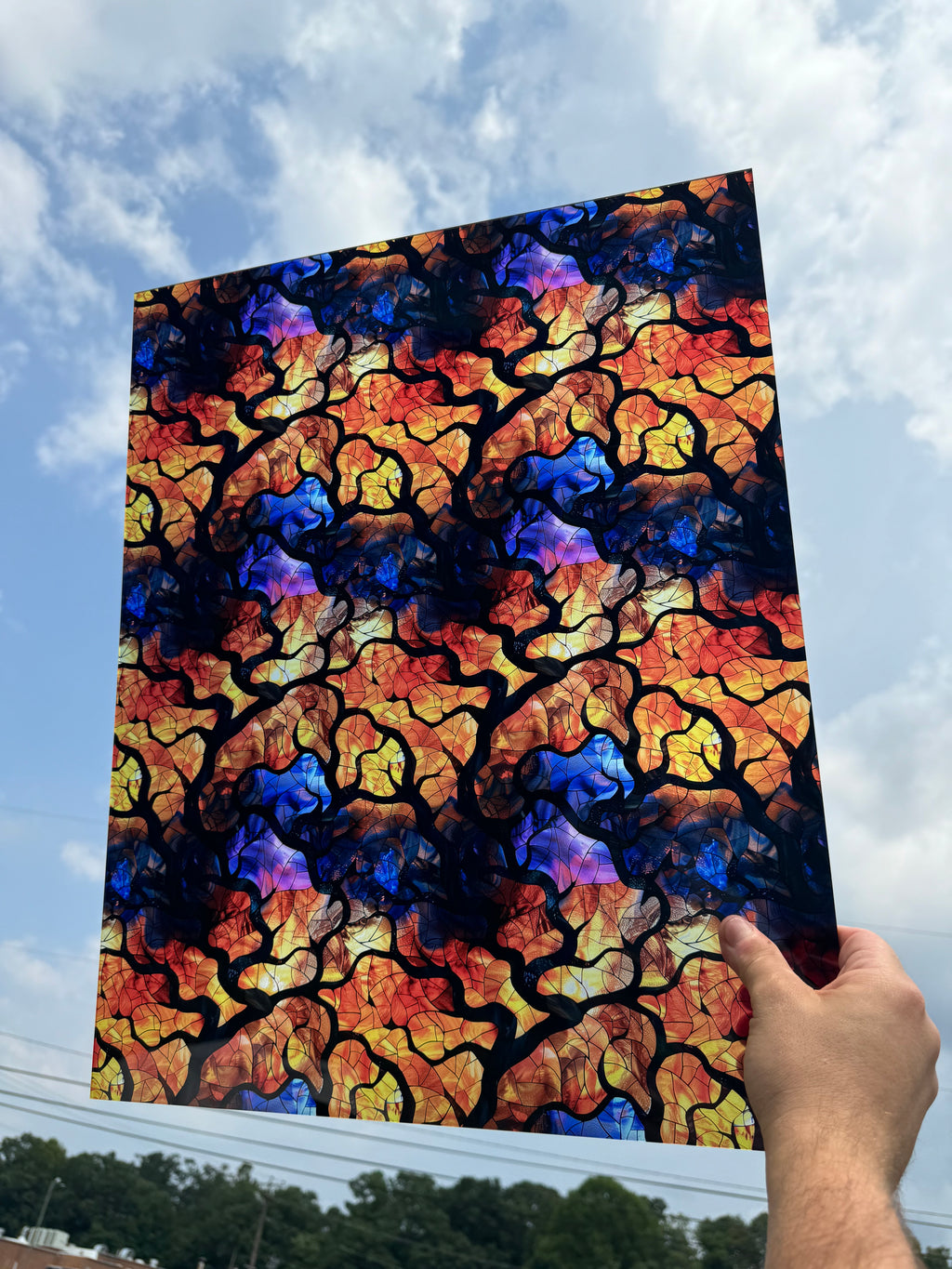 PatternPly® 19x24" Transparent Abstract Stained Glass Spooky Tree Sky XL Scale sheet showing the pattern