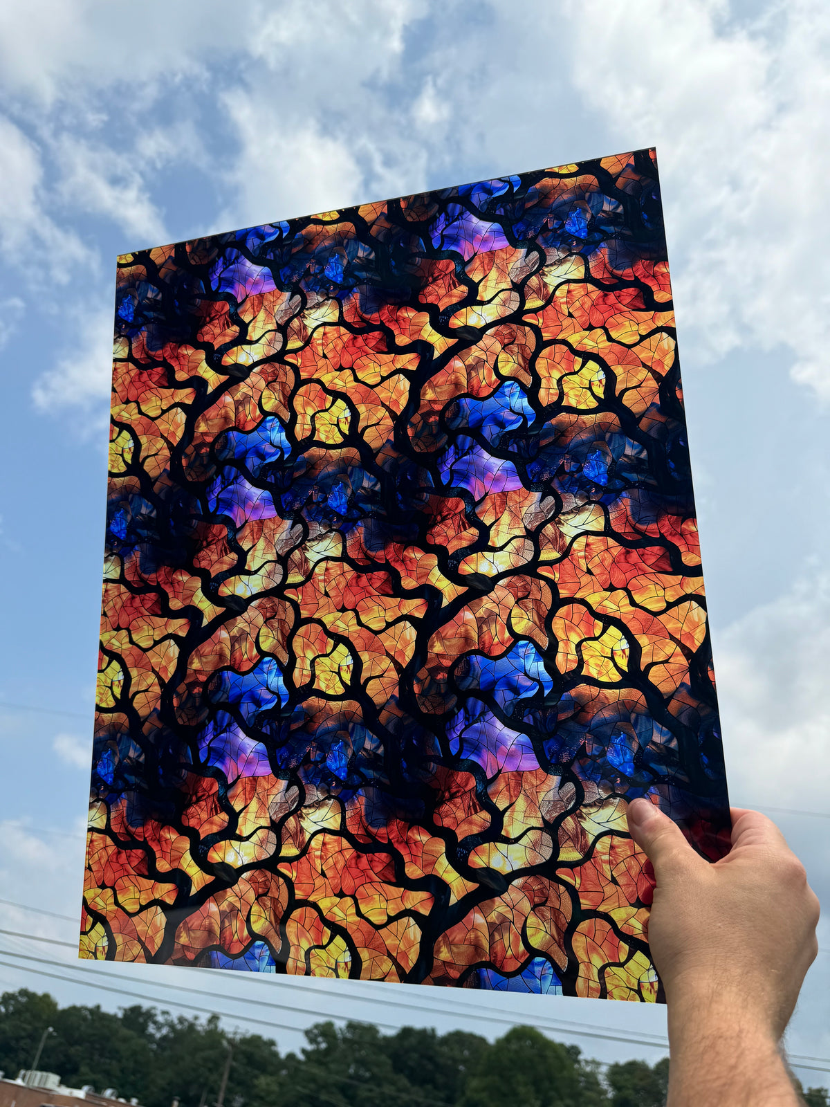 PatternPly® 19x24" Transparent Abstract Stained Glass Spooky Tree Sky XL Scale sheet showing the pattern