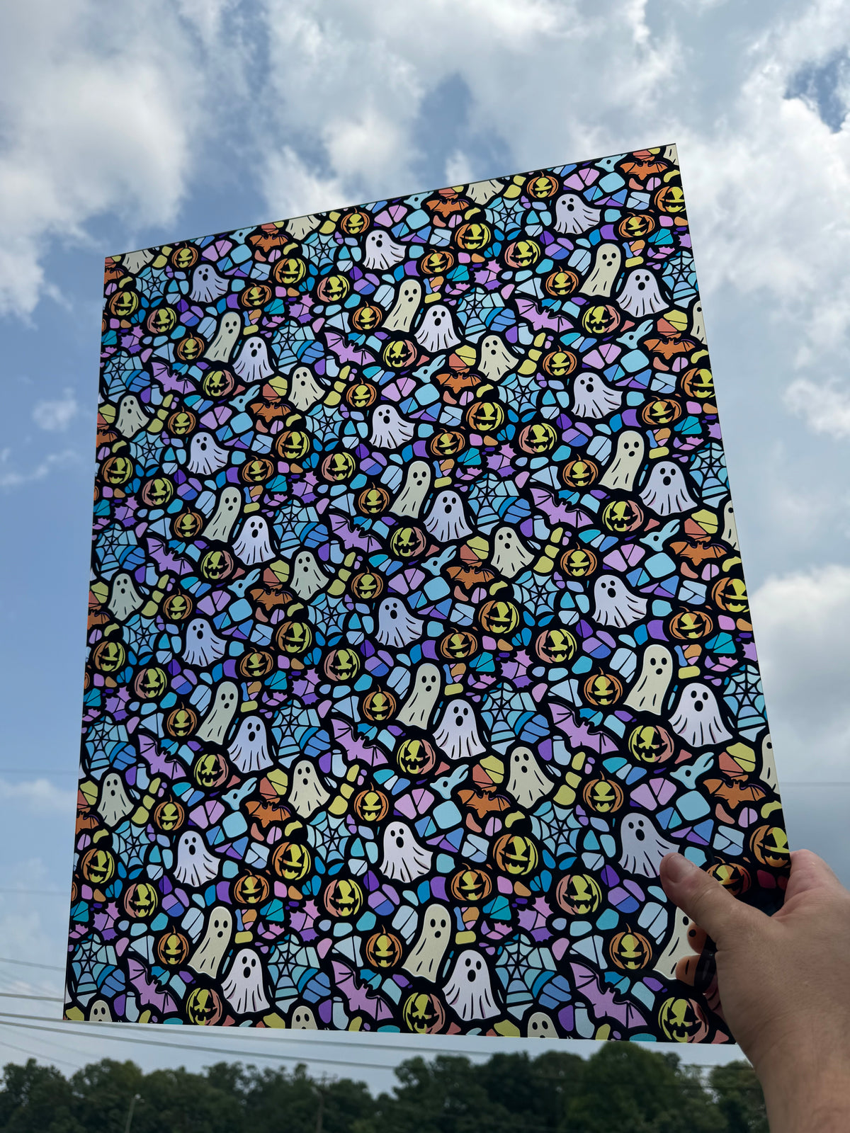 PatternPly® 19x24" Transparent Bold Halloween Stained Glass XL Scale sheet showing the pattern