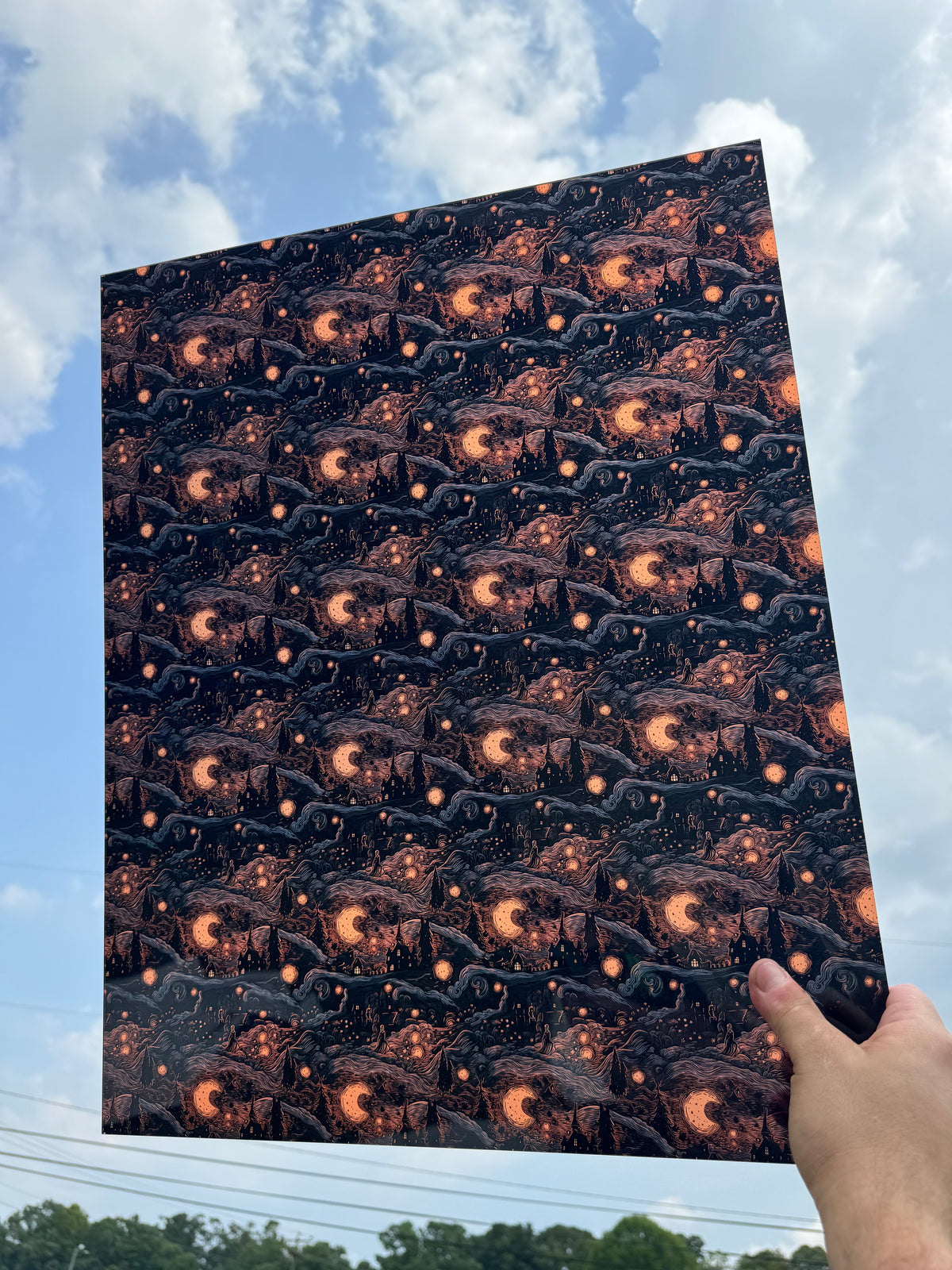 PatternPly® 19x24" Transparent Halloween Night Original Scale sheet showing the pattern