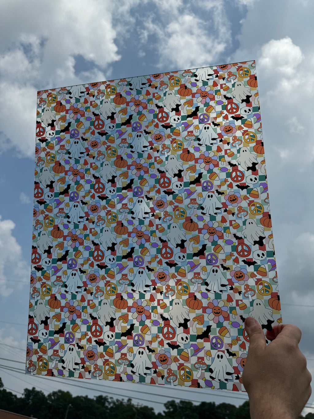 PatternPly® 19x24" Transparent Groovy Halloween XL Scale sheet showing the pattern