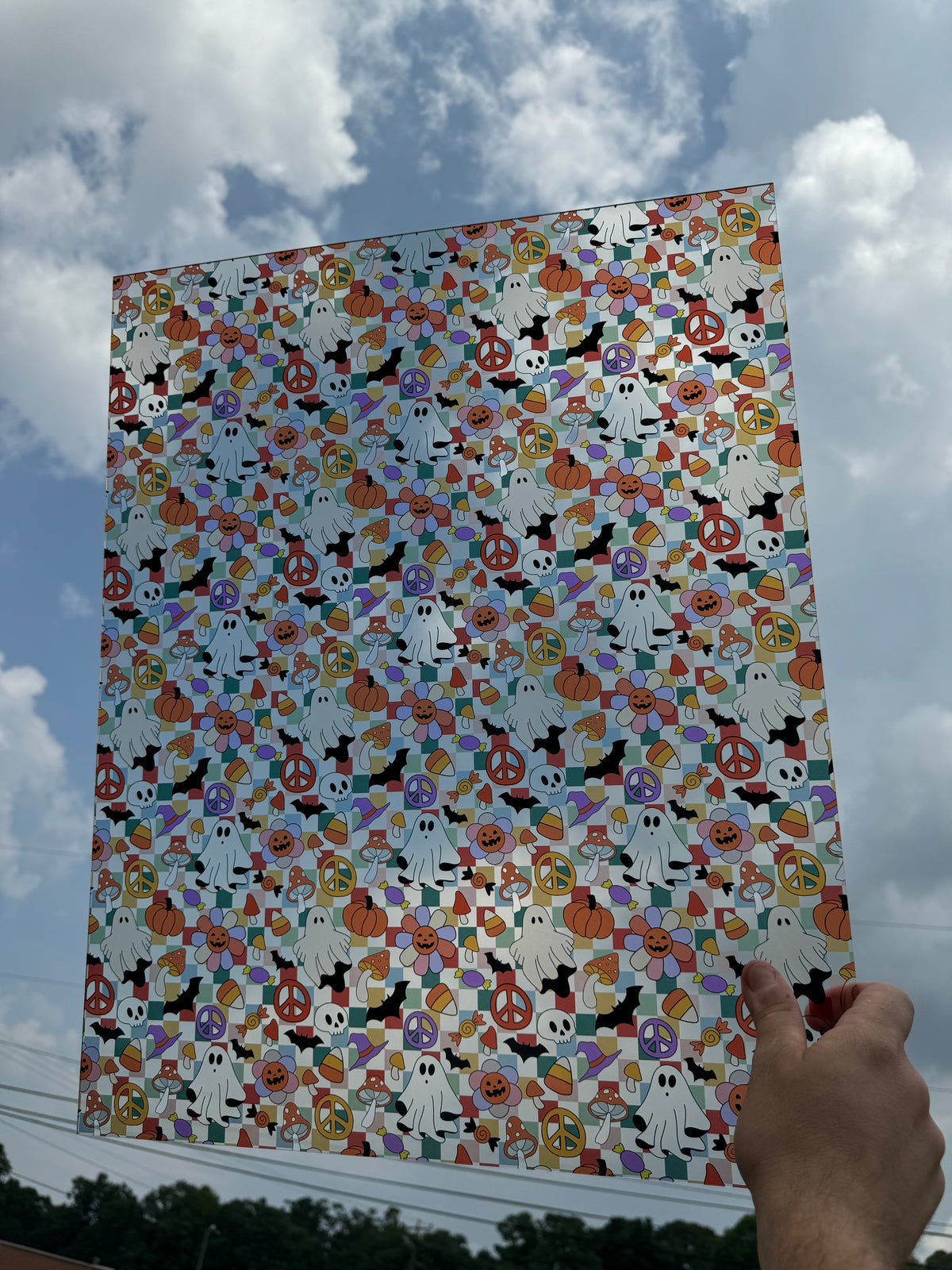 PatternPly® 19x24" Transparent Groovy Halloween XL Scale sheet showing the pattern