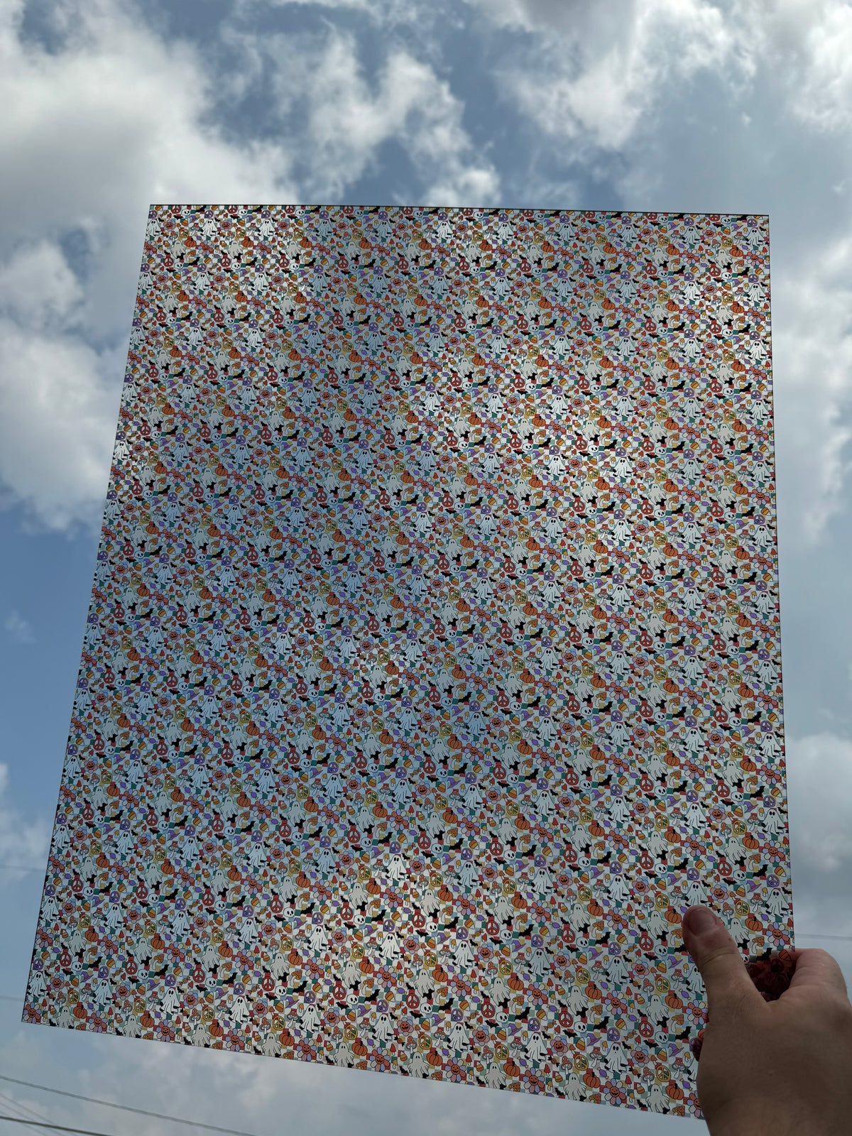 PatternPly® 19x24" Transparent Groovy Halloween Original Scale sheet showing the pattern