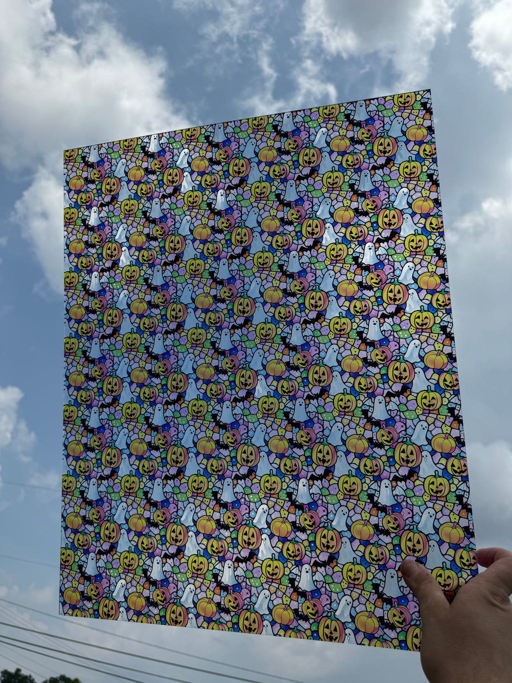 PatternPly® 19x24" Transparent Pastel Halloween Stained Glass Original Scale sheet showing the pattern