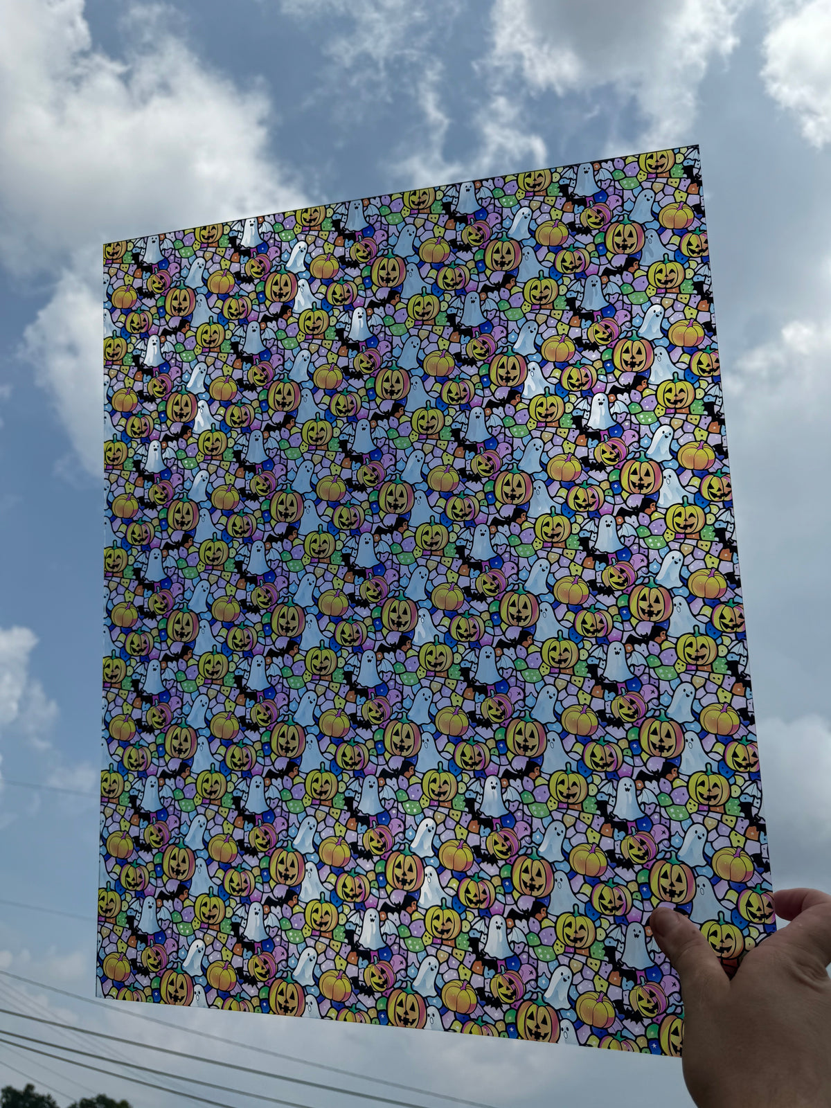 PatternPly® 19x24" Transparent Pastel Halloween Stained Glass Original Scale sheet showing the pattern