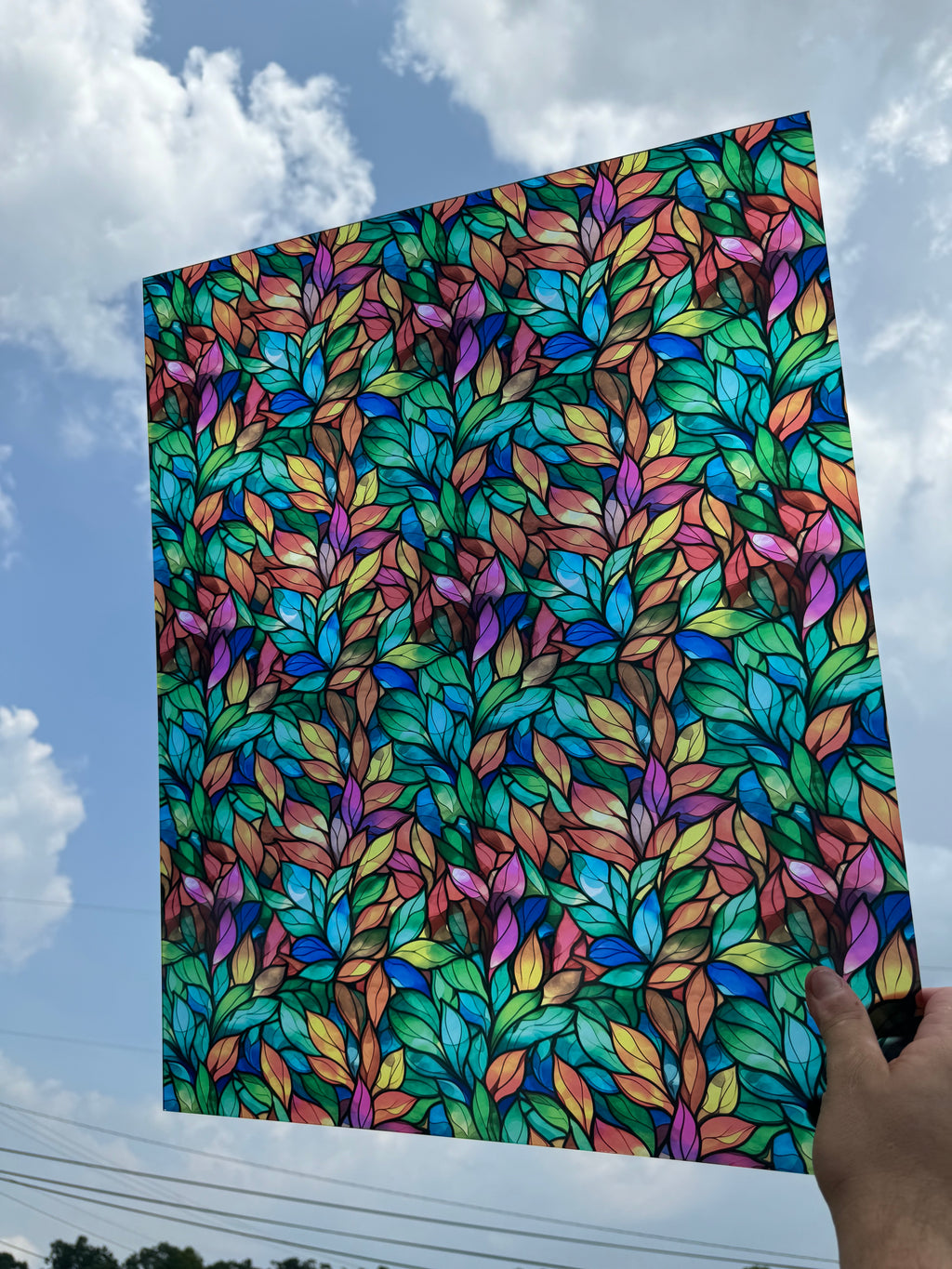 PatternPly® 19x24" Transparent Rainbow Stained Glass Leaves XL Scale sheet showing the pattern