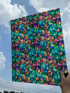 PatternPly® 19x24" Transparent Rainbow Stained Glass Leaves XL Scale sheet showing the pattern