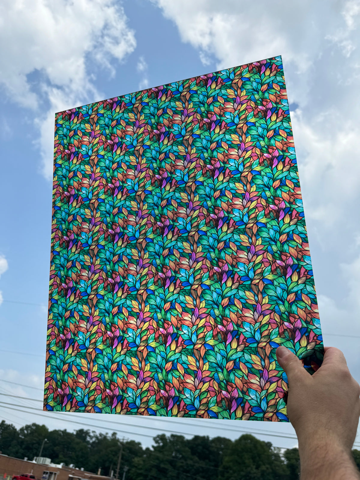 PatternPly® 19x24" Transparent Rainbow Stained Glass Leaves Original Scale sheet showing the pattern