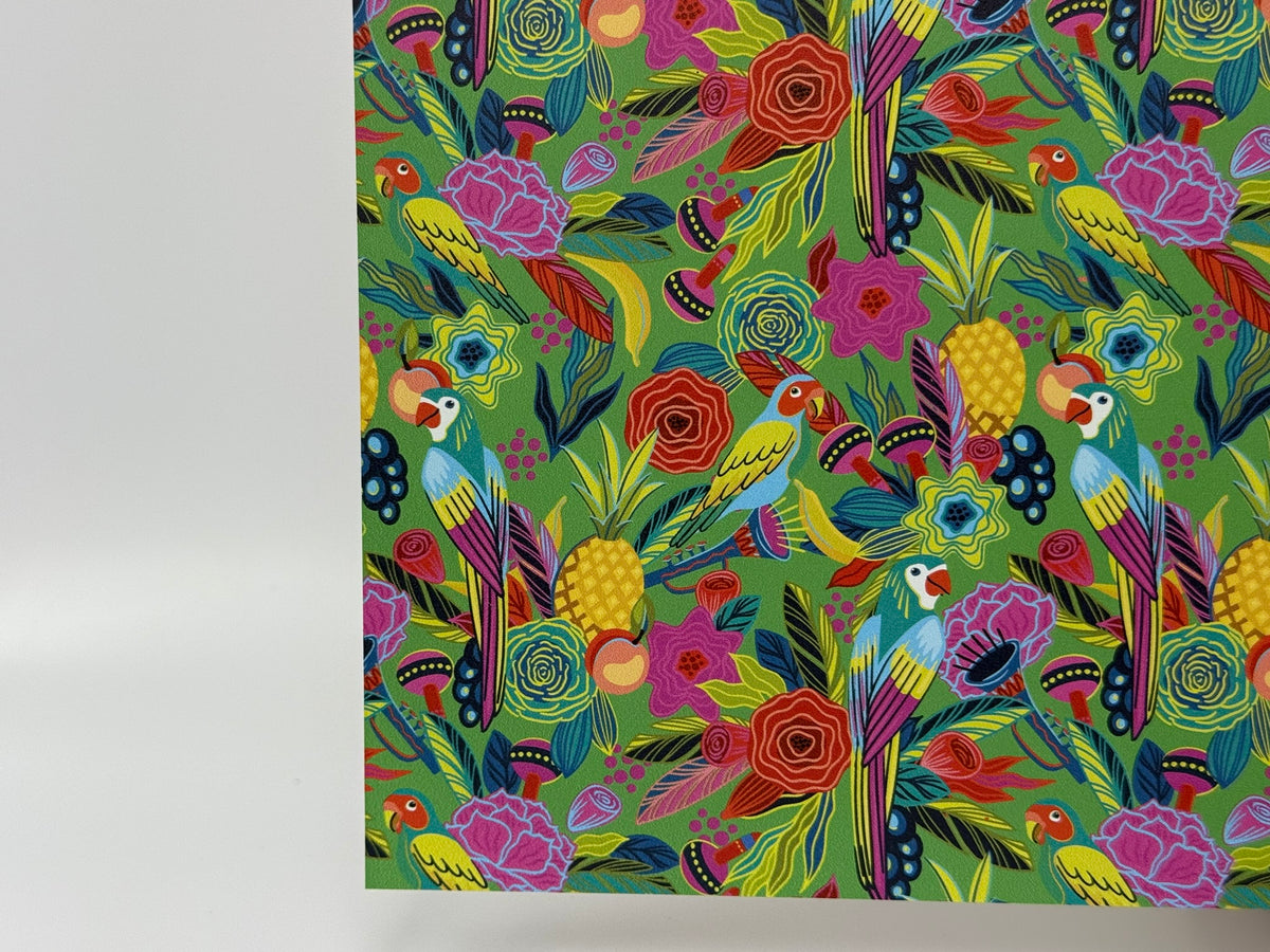 PatternPly® Full Coverage Birds in Paradise on Green LARGE sheet showing the pattern