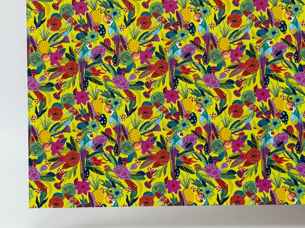 PatternPly® Full Coverage Birds in Paradise on Yellow MICRO sheet showing the pattern