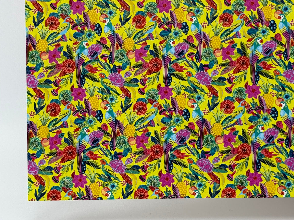 PatternPly® Full Coverage Birds in Paradise on Yellow MICRO sheet showing the pattern