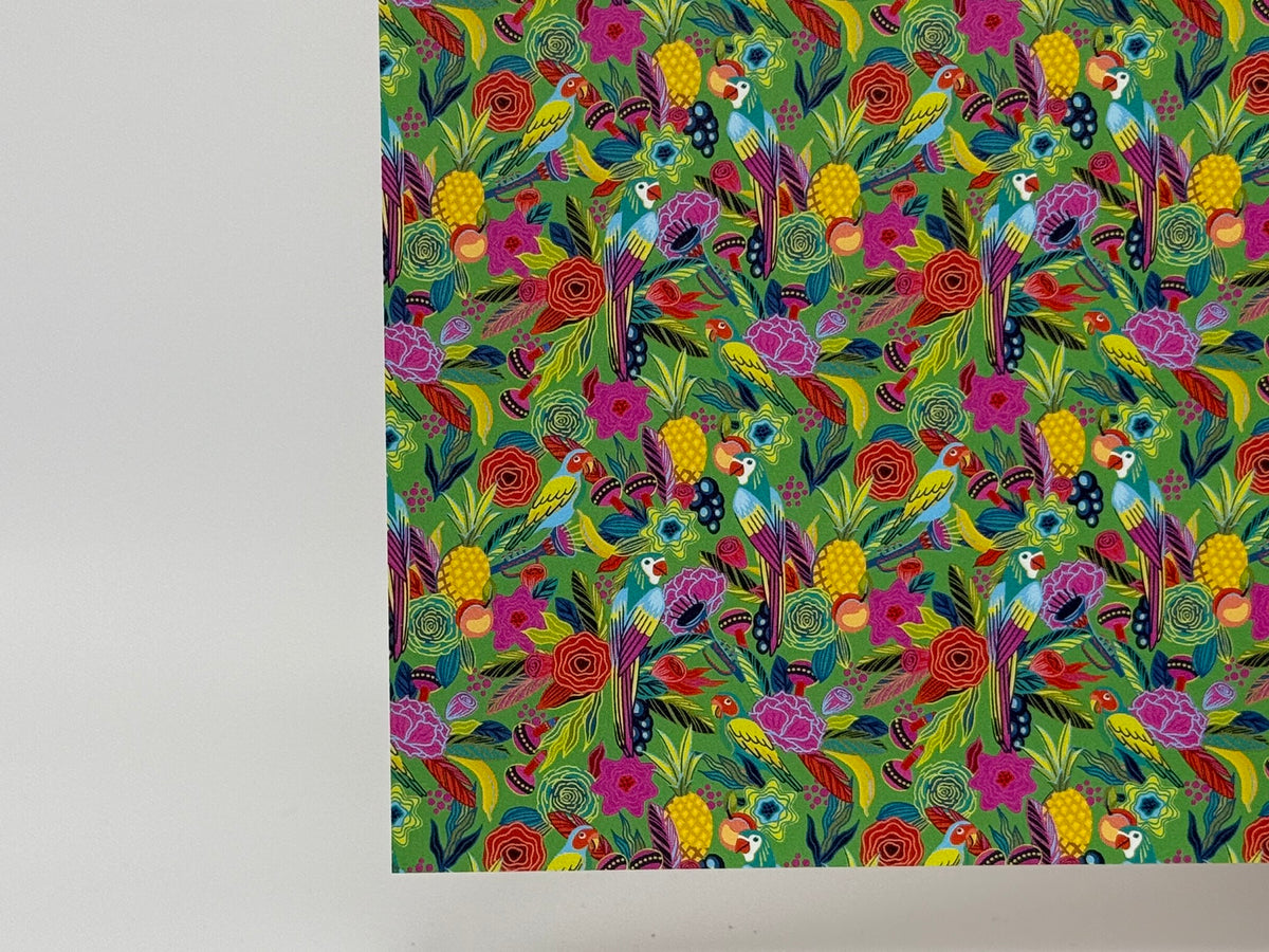 PatternPly® Full Coverage Birds in Paradise on Green MICRO sheet showing the pattern