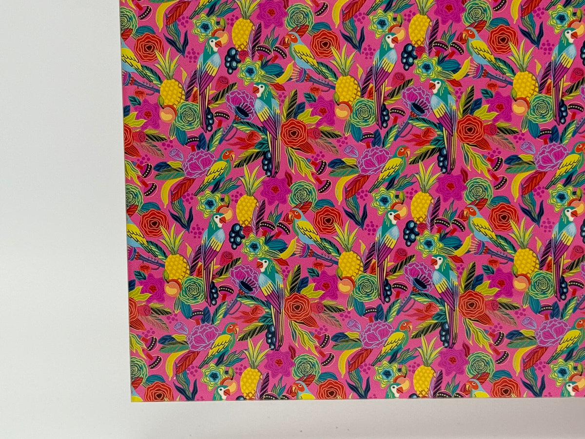 PatternPly® Full Coverage Birds in Paradise on Pink MICRO sheet showing the pattern
