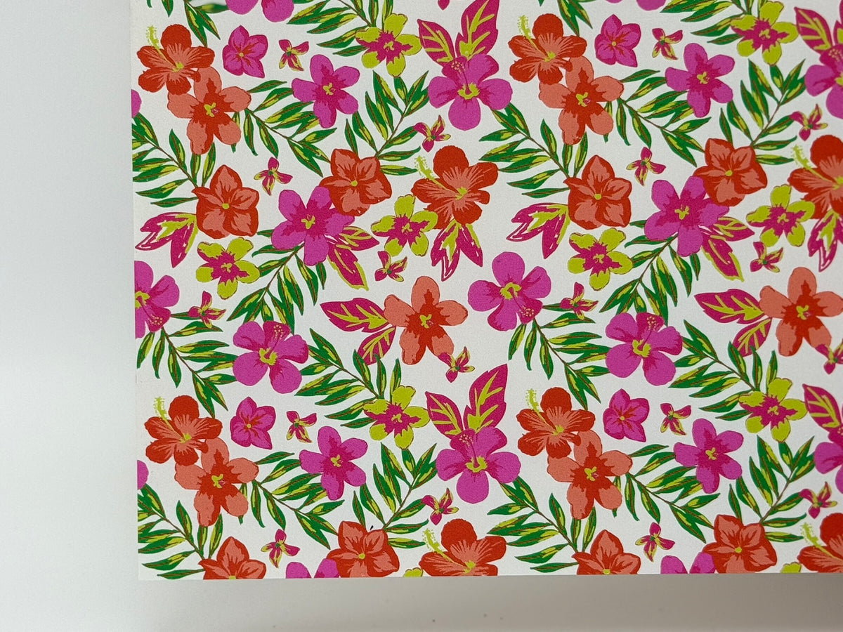 PatternPly® Full Coverage Hibiscus and Plumeria on White sheet showing the pattern