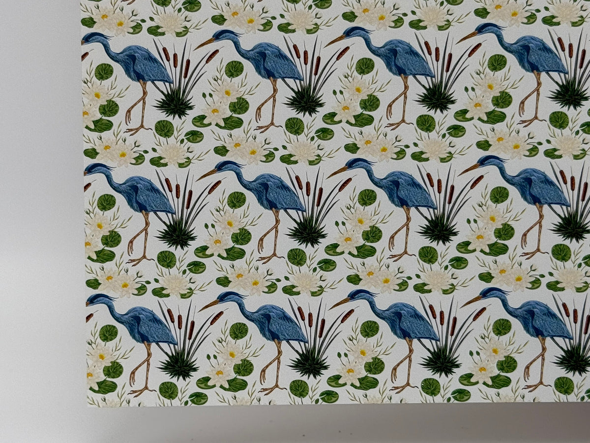 PatternPly® Full Coverage Blue Herons on White MINI sheet showing the pattern