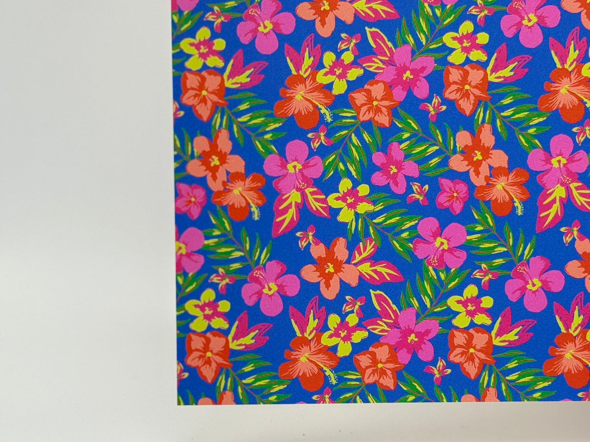 PatternPly® Full Coverage Hibiscus and Plumeria on Blue sheet showing the pattern