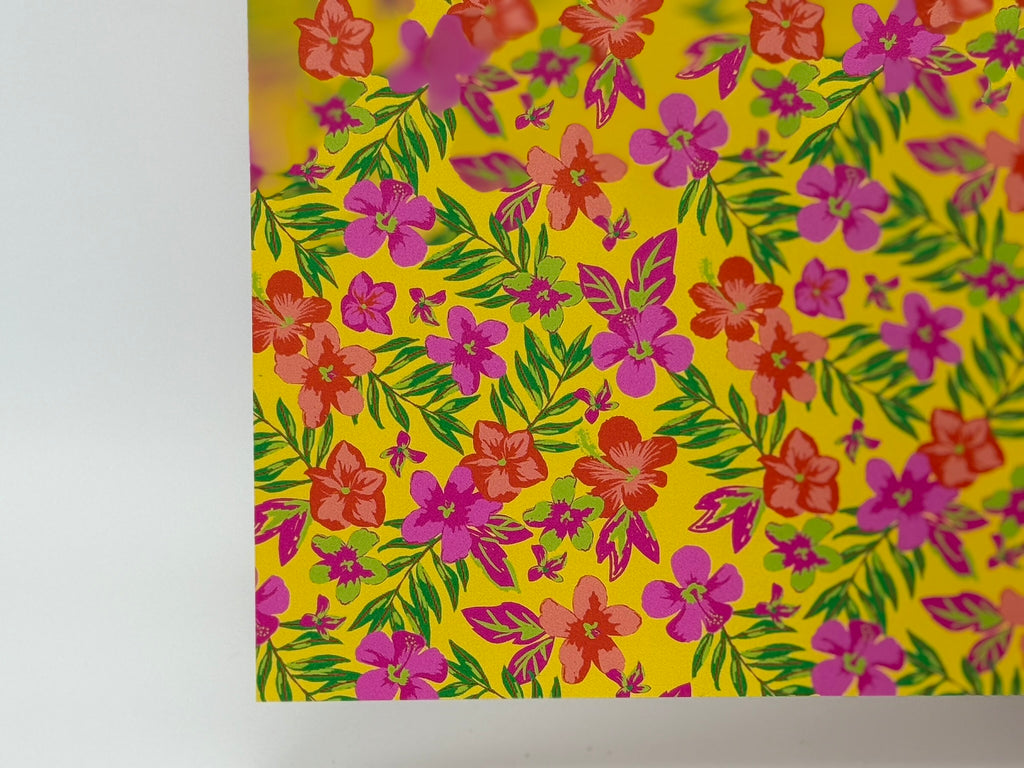 PatternPly® Full Coverage Hibiscus and Plumeria on Yellow sheet showing the pattern