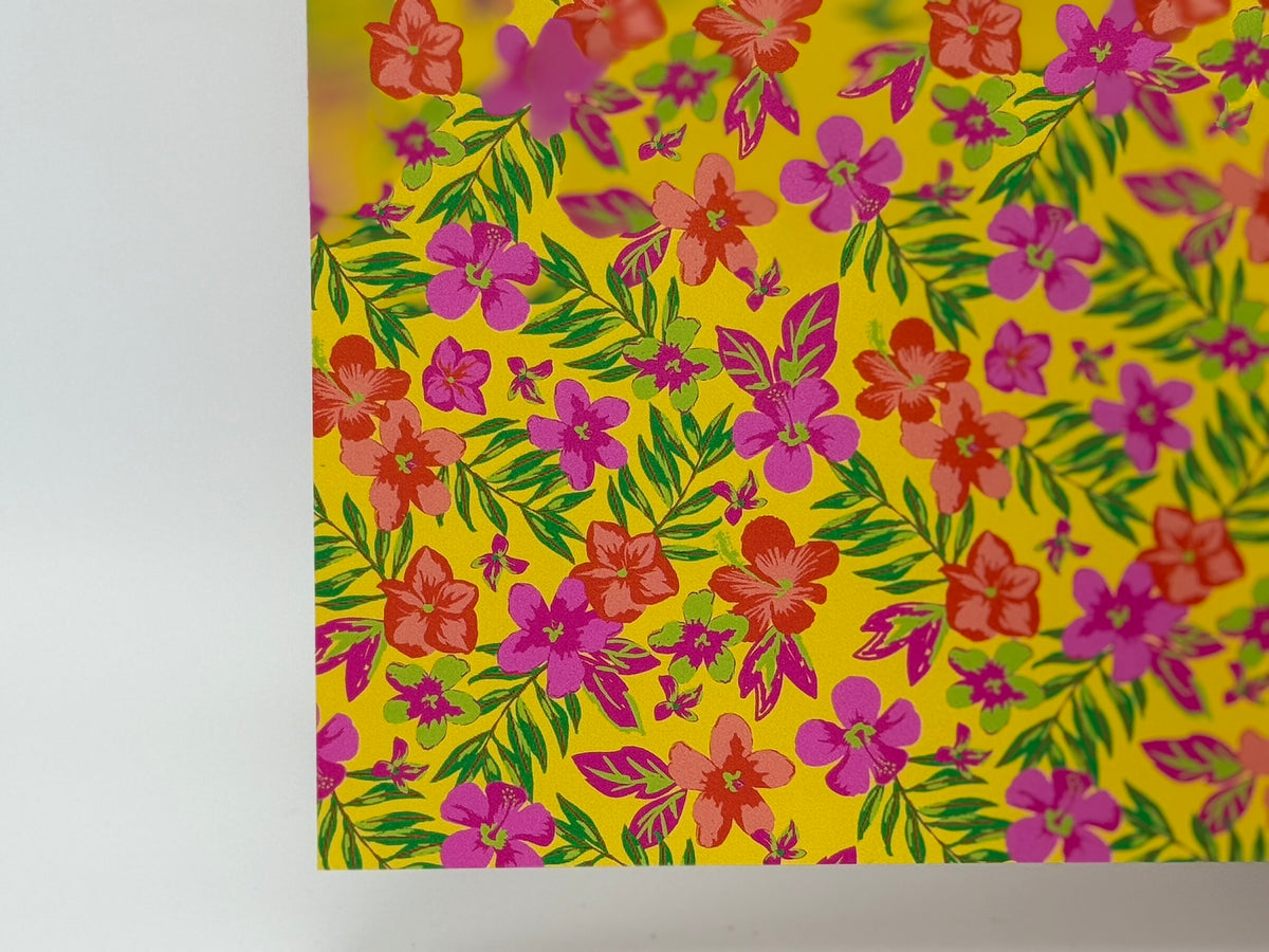 PatternPly® Full Coverage Hibiscus and Plumeria on Yellow sheet showing the pattern