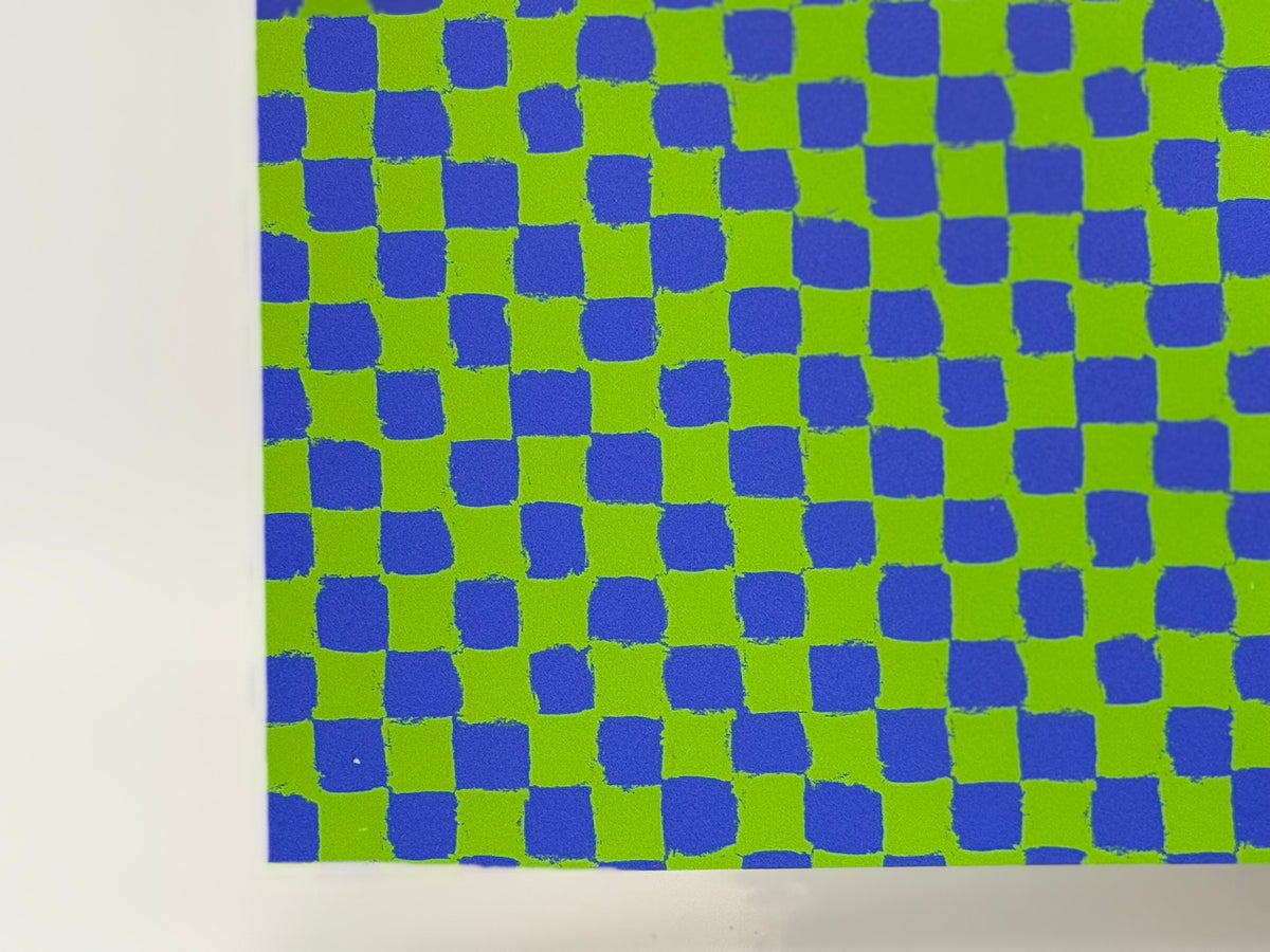 PatternPly® Full Coverage Lavender and Green Neon Checkered sheet showing the pattern