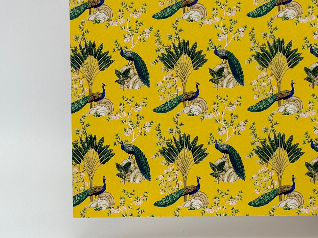 PatternPly® Full Coverage Chinoiserie Peacocks on Yellow sheet showing the pattern