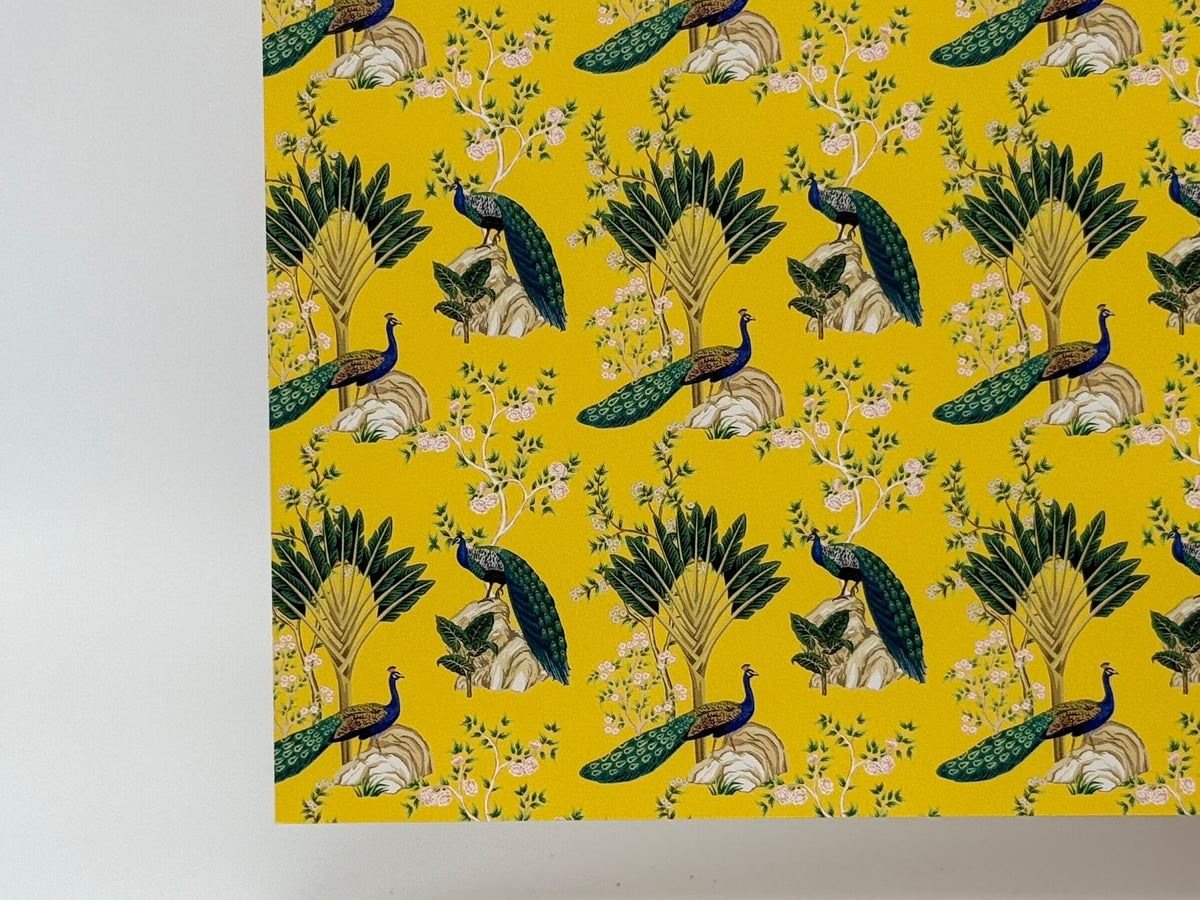 PatternPly® Full Coverage Chinoiserie Peacocks on Yellow sheet showing the pattern