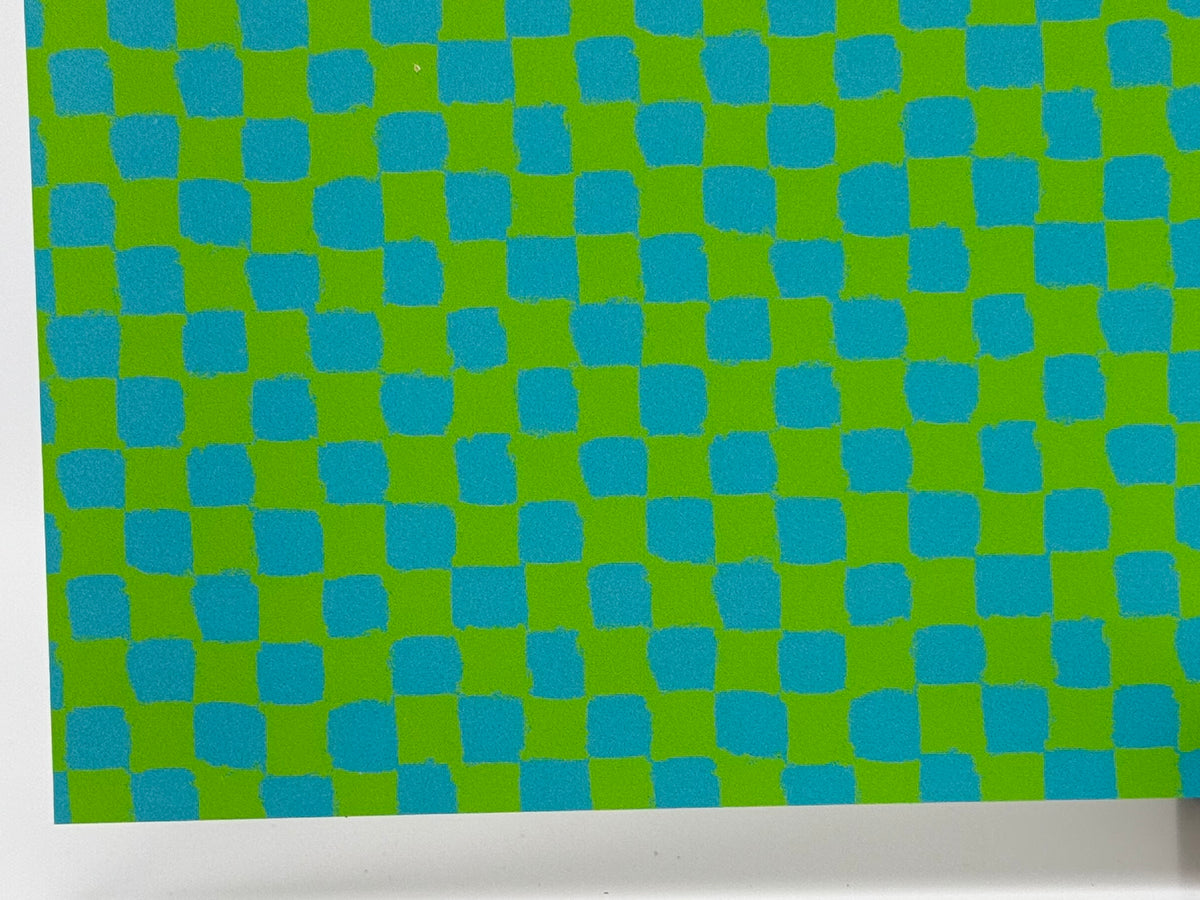 PatternPly® Full Coverage Aqua and Green Neon Checkered sheet showing the pattern