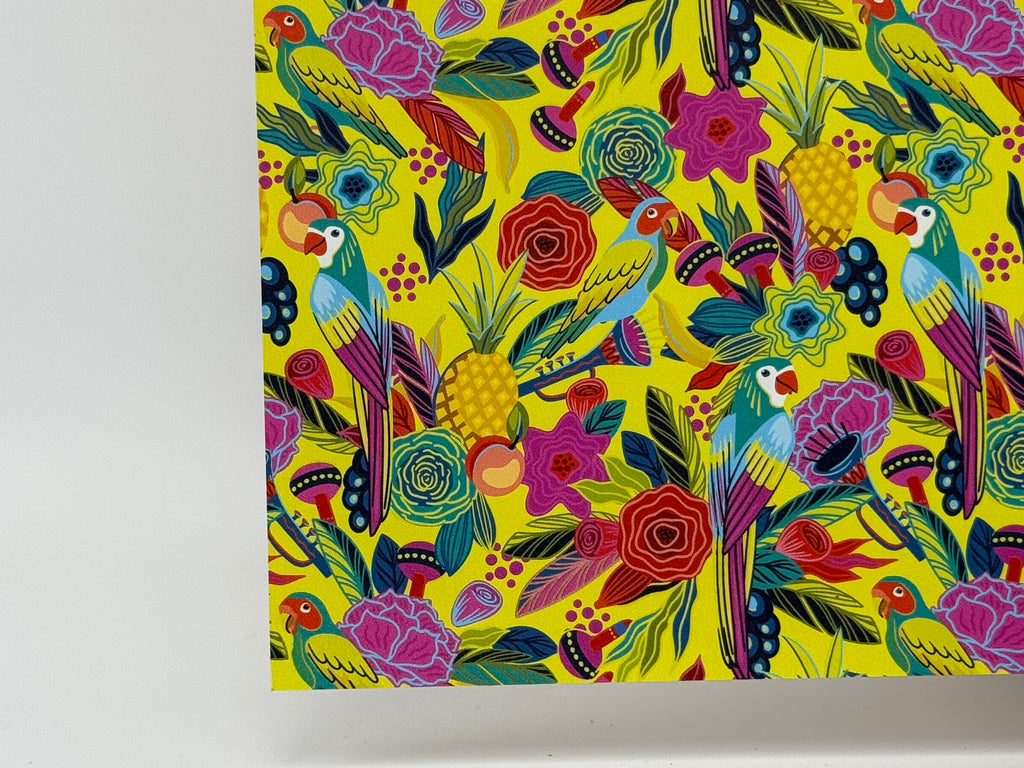 PatternPly® Full Coverage Birds in Paradise on Yellow LARGE sheet showing the pattern