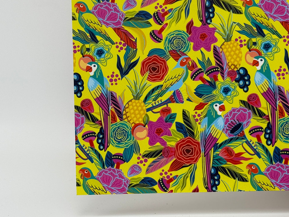 PatternPly® Full Coverage Birds in Paradise on Yellow LARGE sheet showing the pattern