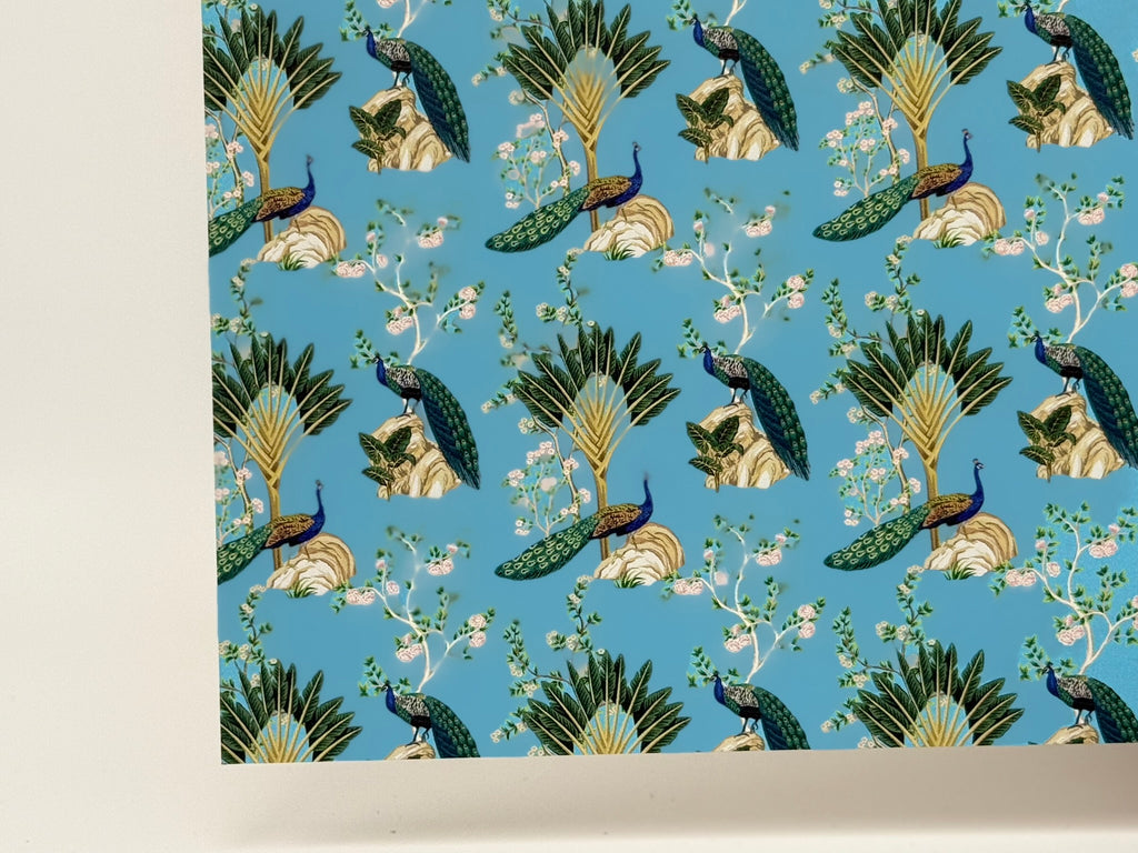 PatternPly® Full Coverage Chinoiserie Peacocks on Blue sheet showing the pattern