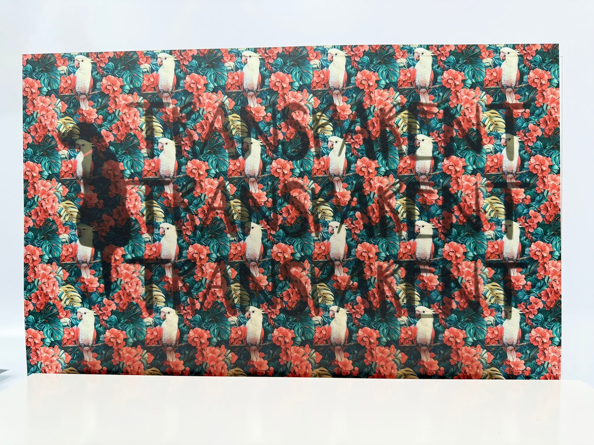 PatternPly® Transparent Cockatoos sheet showing the pattern