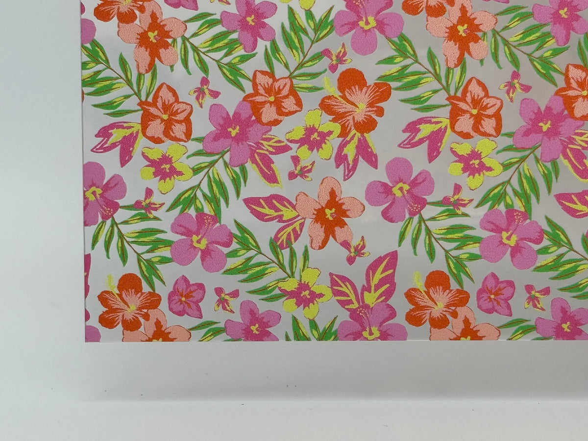 PatternPly® Scattered Hibiscus and Plumeria sheet showing the pattern