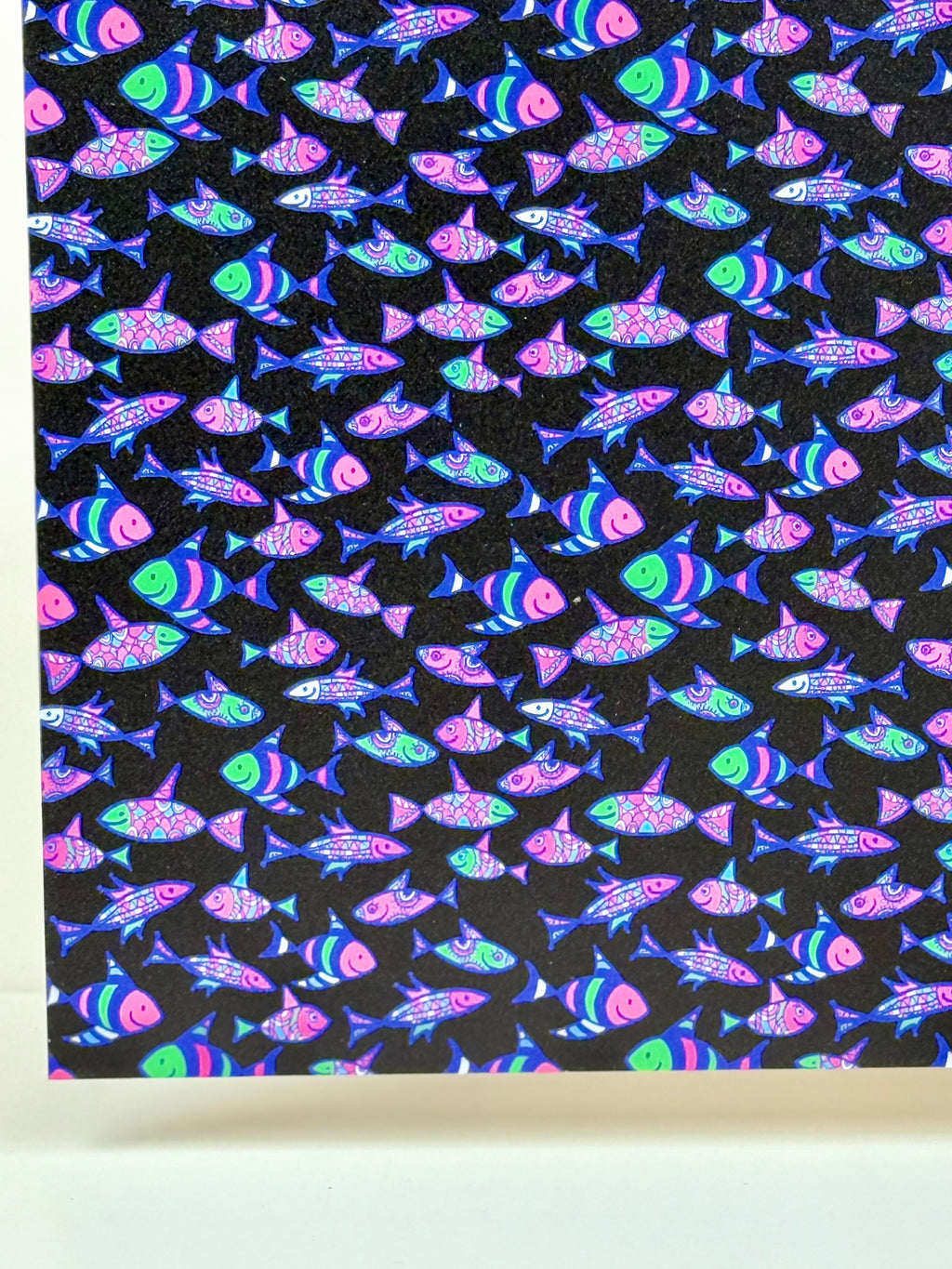 PatternPly® Full Coverage Fluorescent Fishies sheet showing the pattern