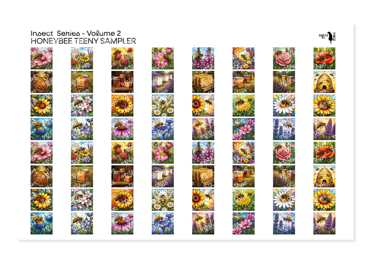 PatternPly® Full Coverage Insect Series Volume 2 Honeybees Teeny Sampler: sampler sheet of small art scene designs