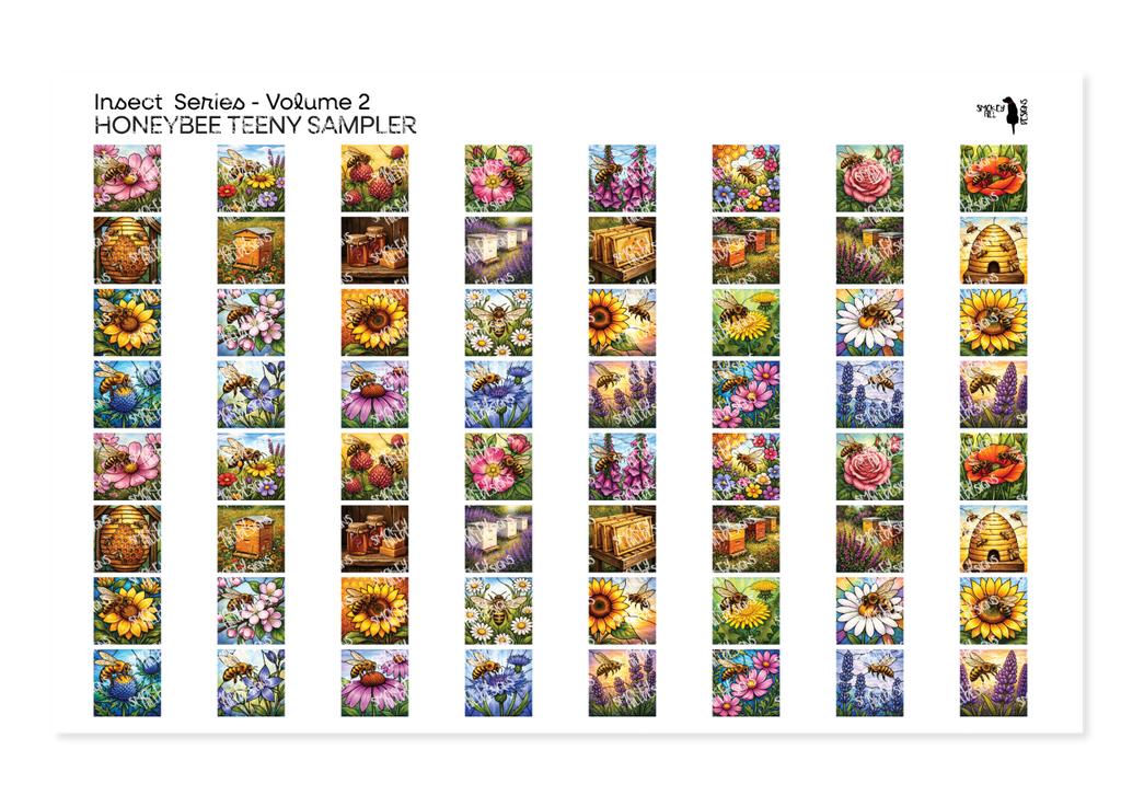 PatternPly® Transparent Insect Series Volume 2 Honeybees Teeny Sampler: sampler sheet of small art scene designs