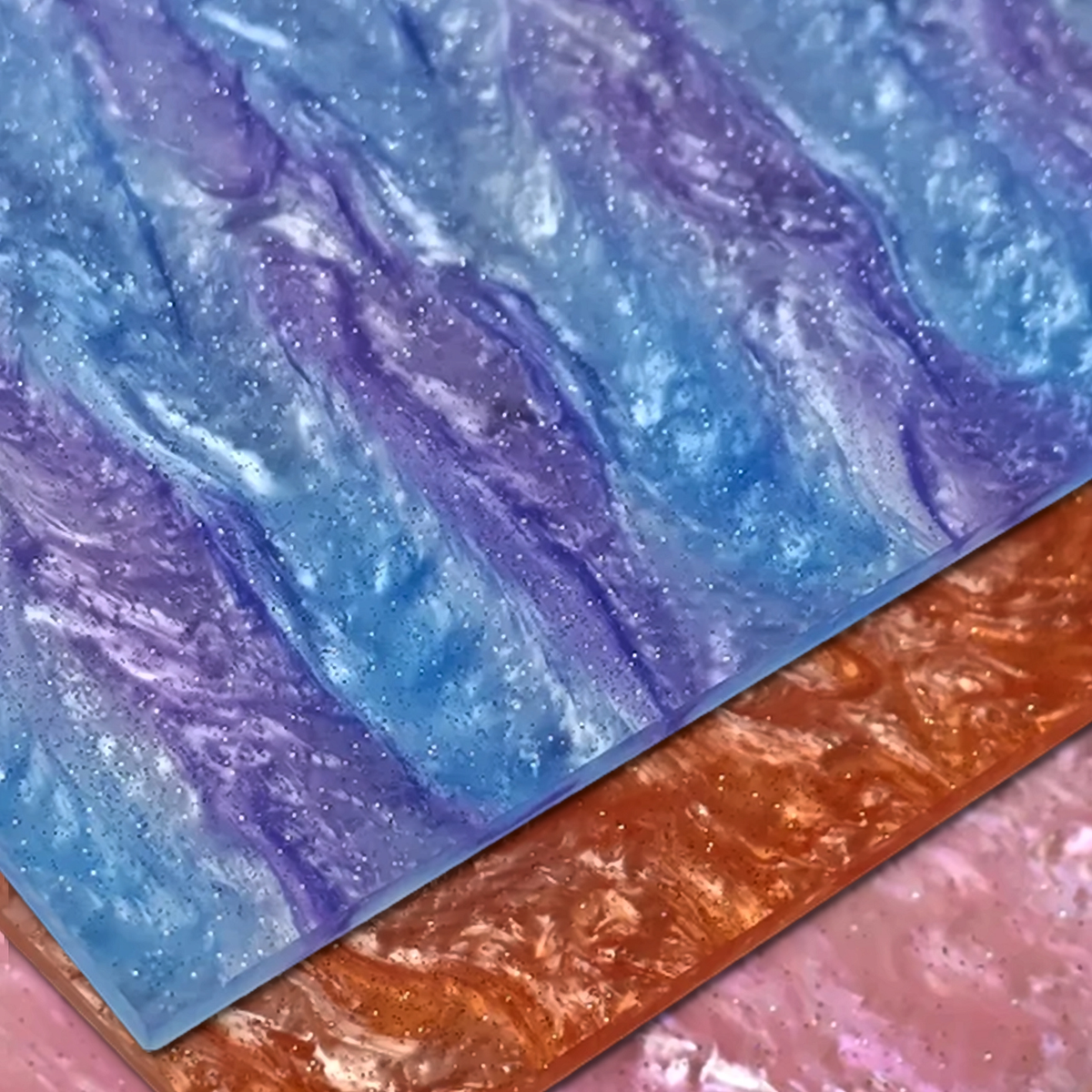 Interstellar Sparkles Glitter acrylic sheets stacked — blue purple swirl over copper