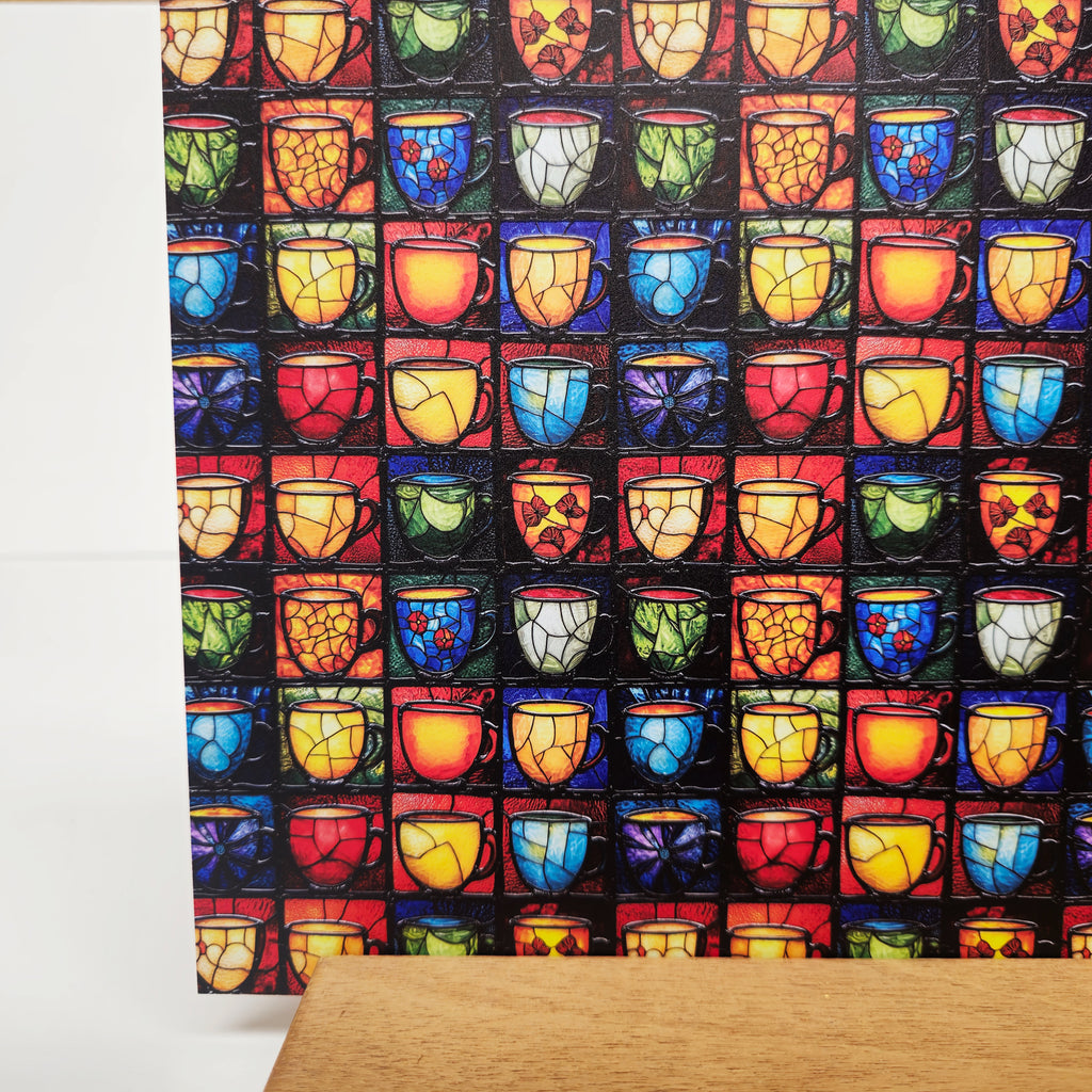 PatternPly® Full Coverage Stained Glass Coffee Cups LARGE sheet showing the pattern