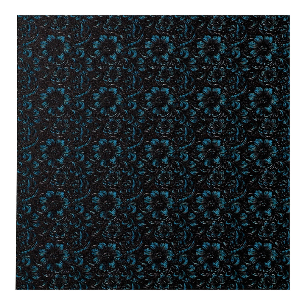PatternPly® Full Coverage Black Leather Turquoise Accent Floral Micro sheet showing the pattern