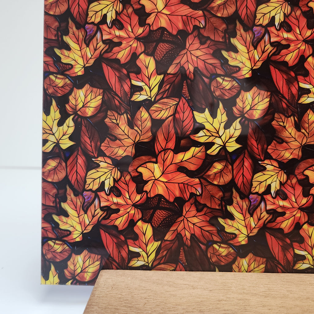 PatternPly® Full Coverage Stained Glass Fall Leaf Pile sheet showing the pattern