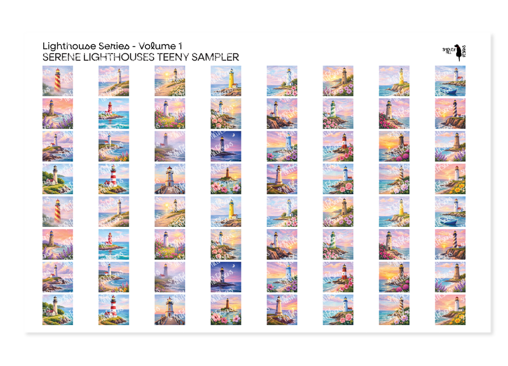 PatternPly® Full Coverage Lighthouses Volume 1 Serene Lighthouses Teeny Sampler: sampler sheet of small art scene designs