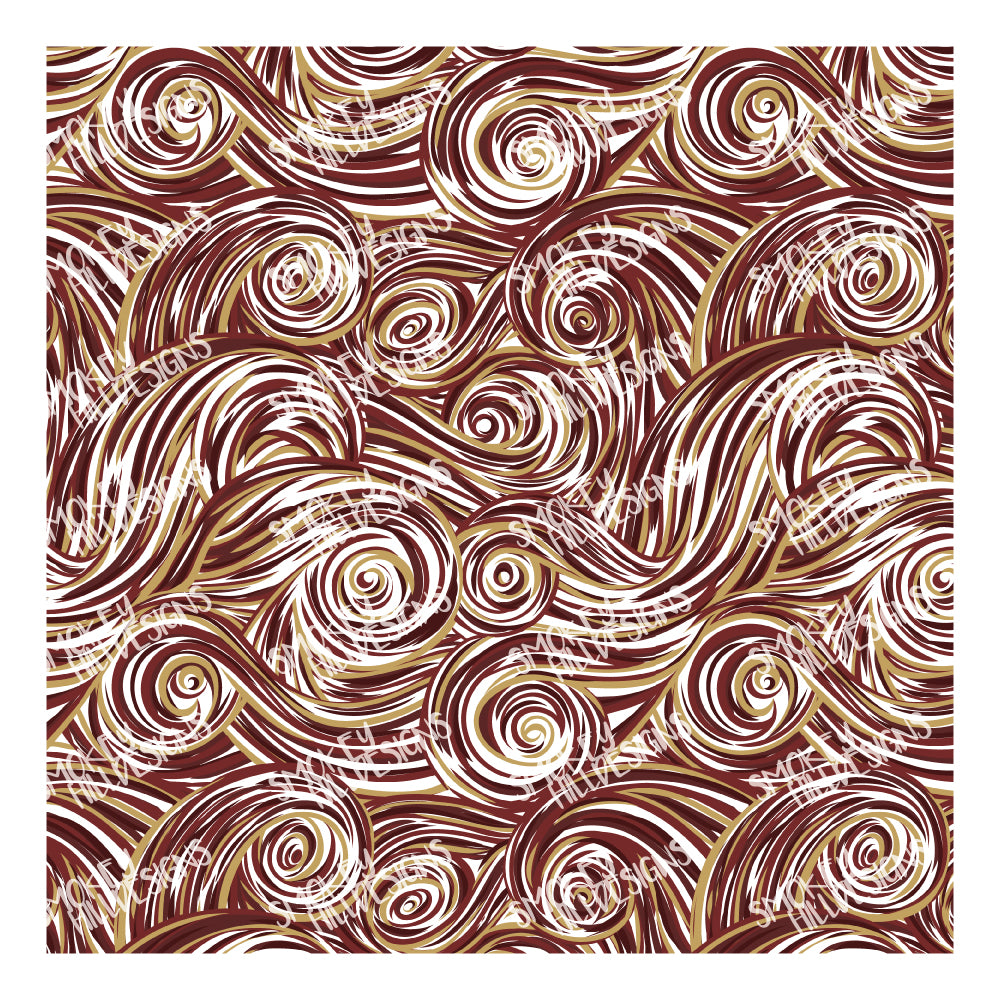 PatternPly® Transparent Maroon and Bronze Swirls sheet showing the pattern