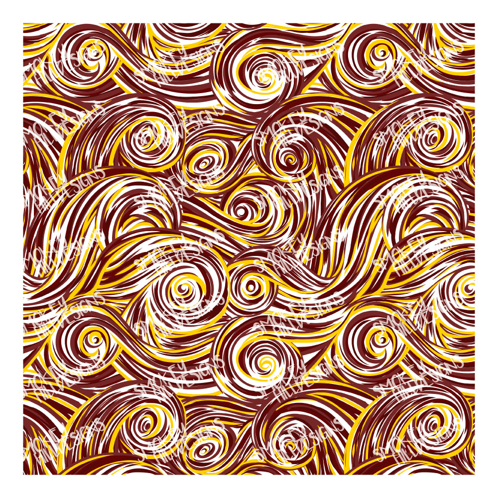 PatternPly® Scattered Maroon and Gold Swirls sheet showing the pattern