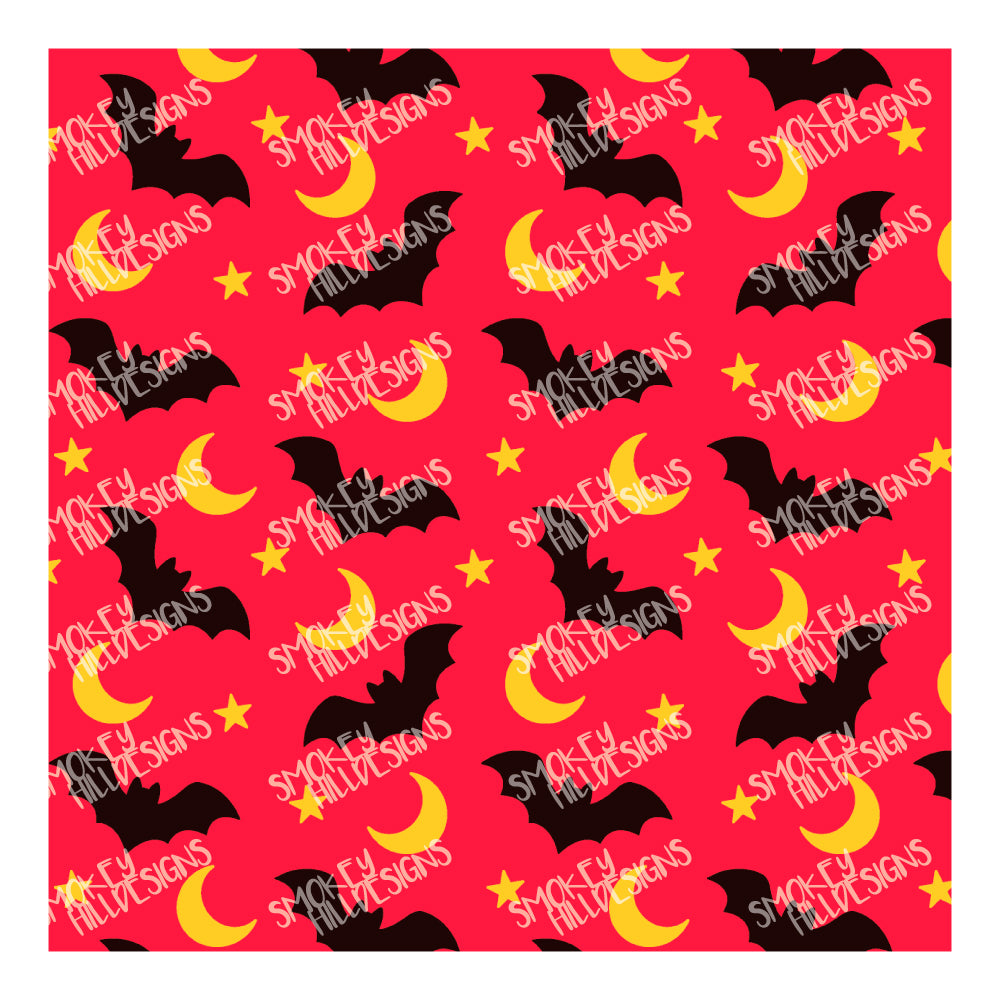 PatternPly® Full Coverage Micro Bats and Moons Warm Tone Trio sheet showing the pattern