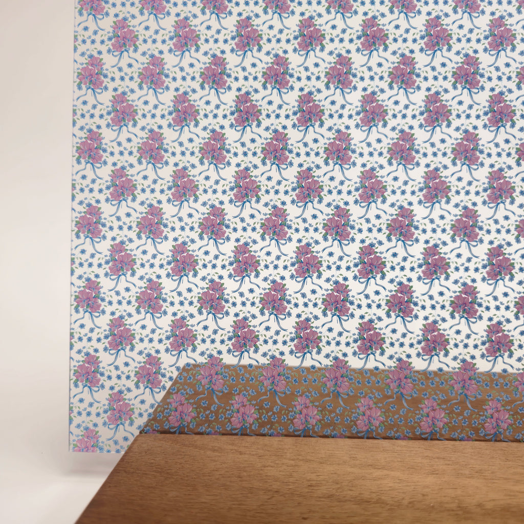 PatternPly® Scattered Micro Coquette Floral Bouquet Blue Bows sheet showing the pattern