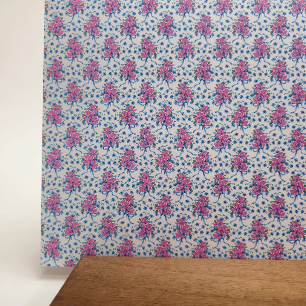 PatternPly® Full Coverage Micro Coquette Floral Bouquet Blue Bows sheet showing the pattern