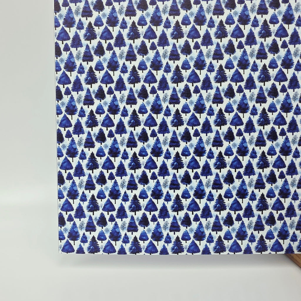 PatternPly® Full Coverage Blue Watercolor Christmas Trees MICRO sheet showing the pattern