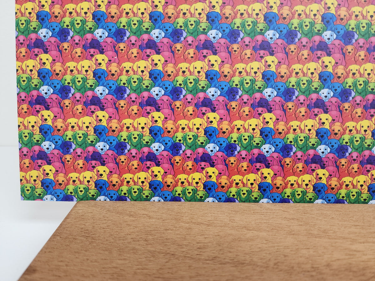 PatternPly® Full Coverage Micro Rainbow Dogs sheet showing the pattern