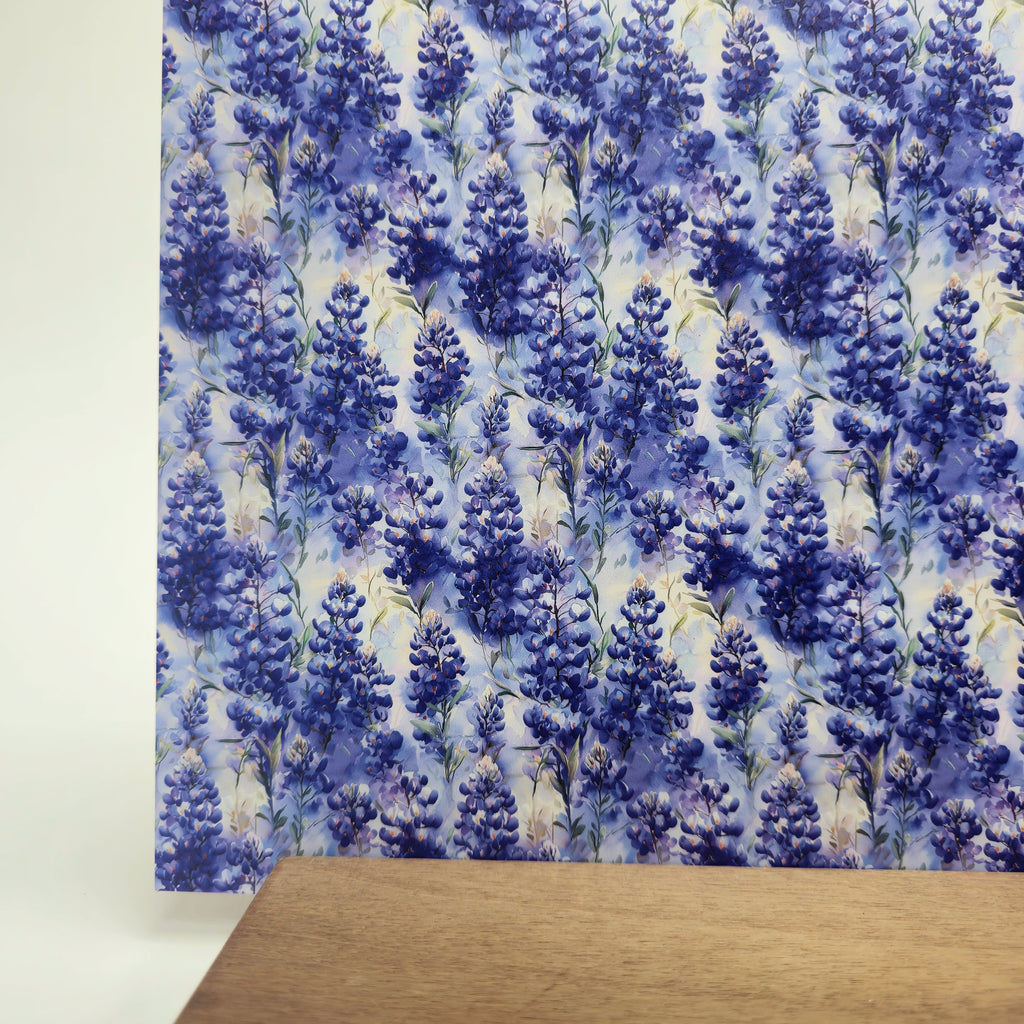PatternPly® Full Coverage Mini Watercolor Bluebonnets sheet showing the pattern