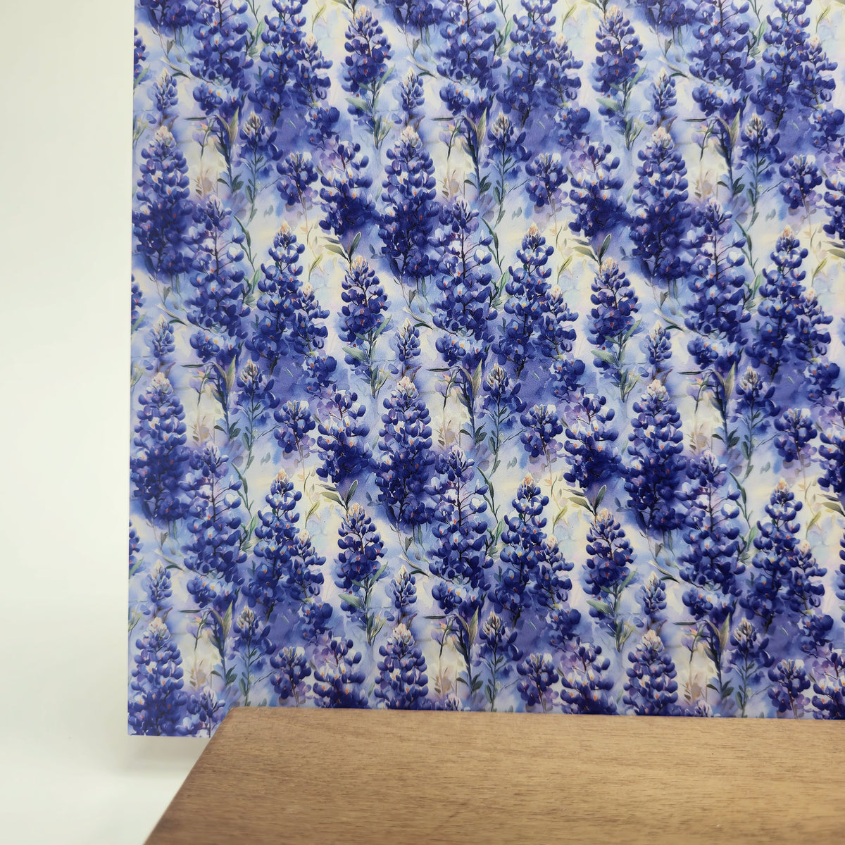PatternPly® Full Coverage Mini Watercolor Bluebonnets sheet showing the pattern